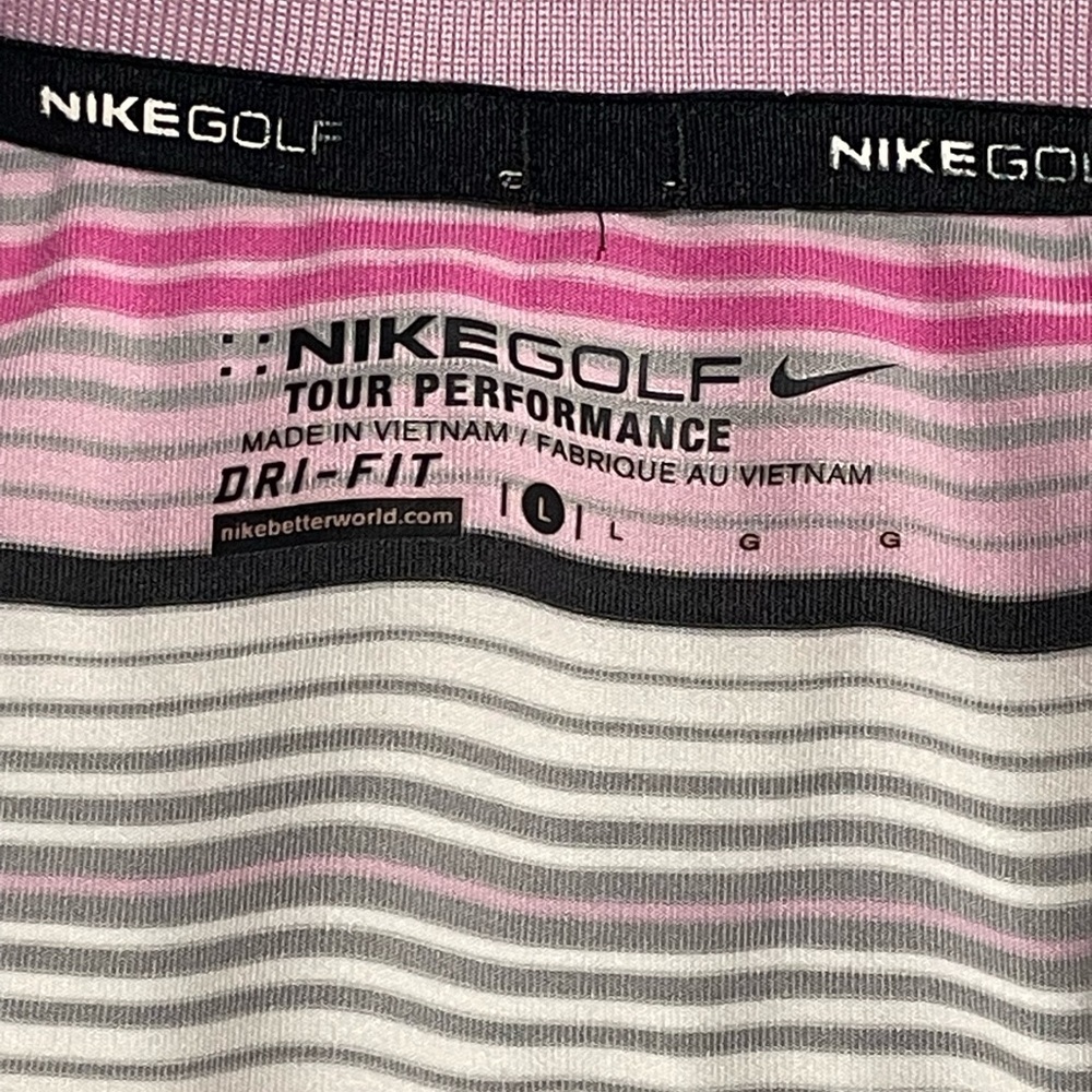 Nike Golf Tour Performance Dri-FIT Sz Large Pink White Black Stripe Sporty Polo - Picture 5 of 7